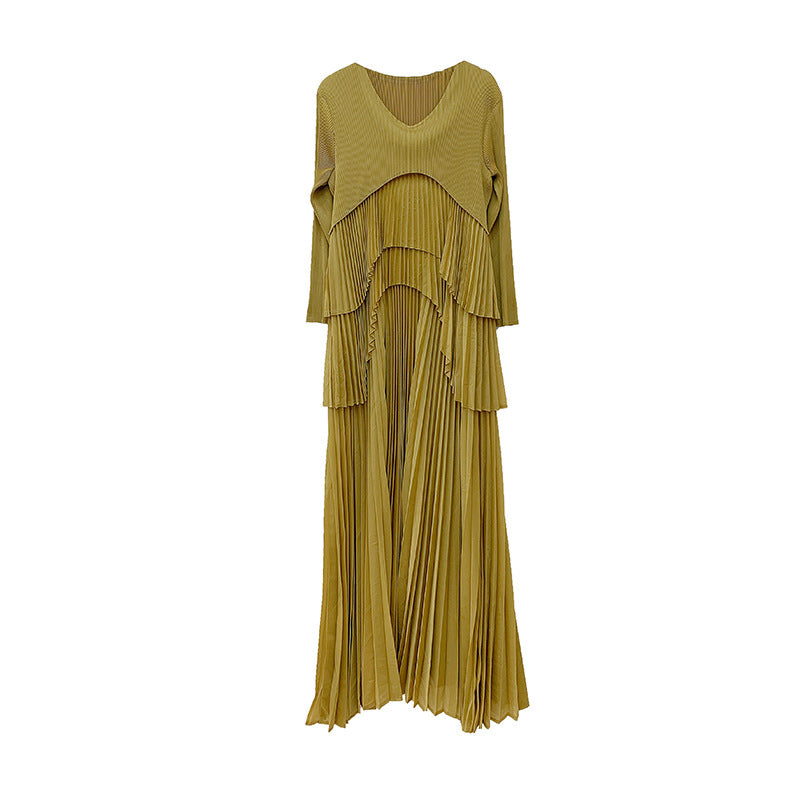 Sun pleated dress long sleeved handmade pleated solid color long skirt Dubai lace up skirt