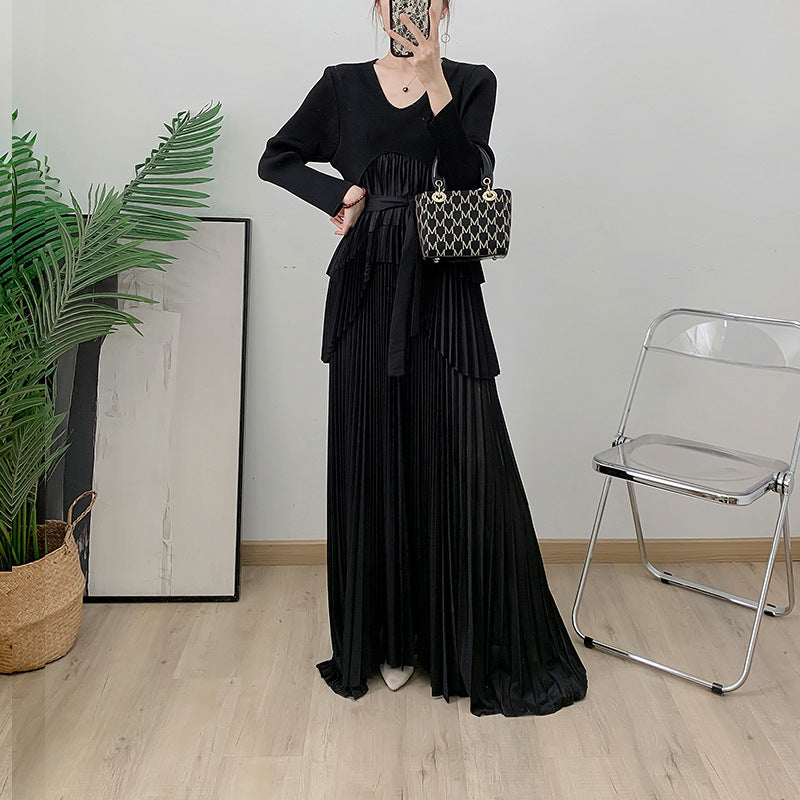 Sun pleated dress long sleeved handmade pleated solid color long skirt Dubai lace up skirt