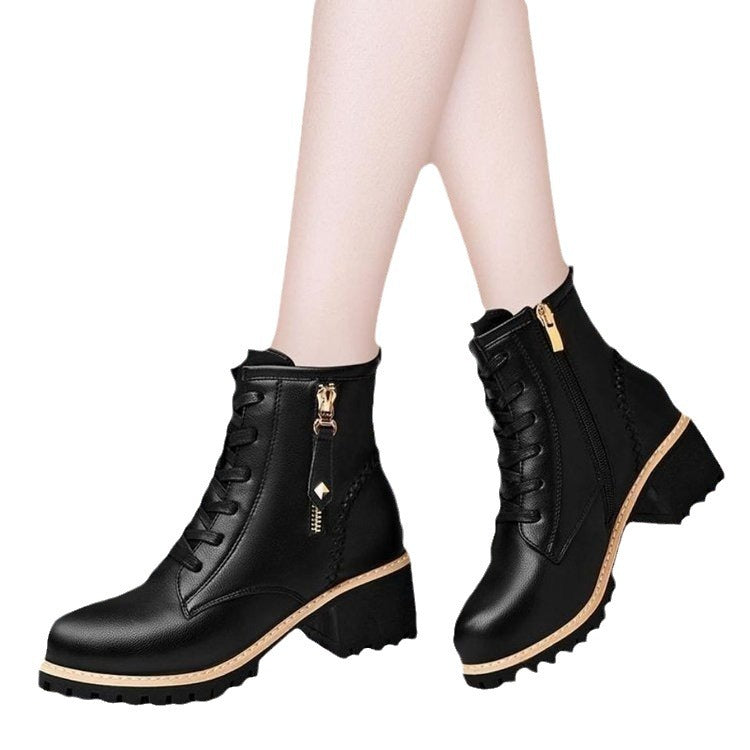 Mid length boots PU leather shoes casual six hole British style Martin boots women's black single lining