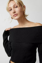 Top Solid Color One Word Collar Flip Collar Off Shoulder Long Sleeve Hoodie Women's Woolen Clothes