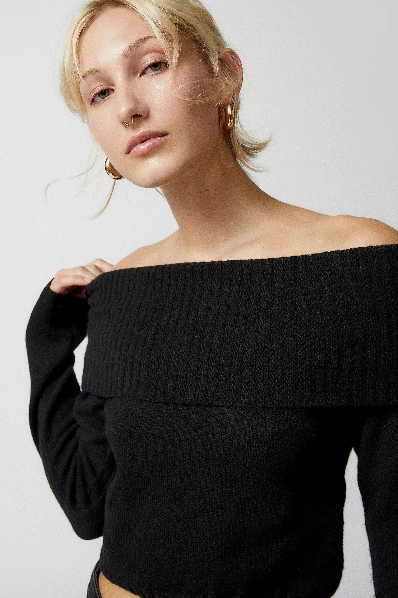 Top Solid Color One Word Collar Flip Collar Off Shoulder Long Sleeve Hoodie Women's Woolen Clothes