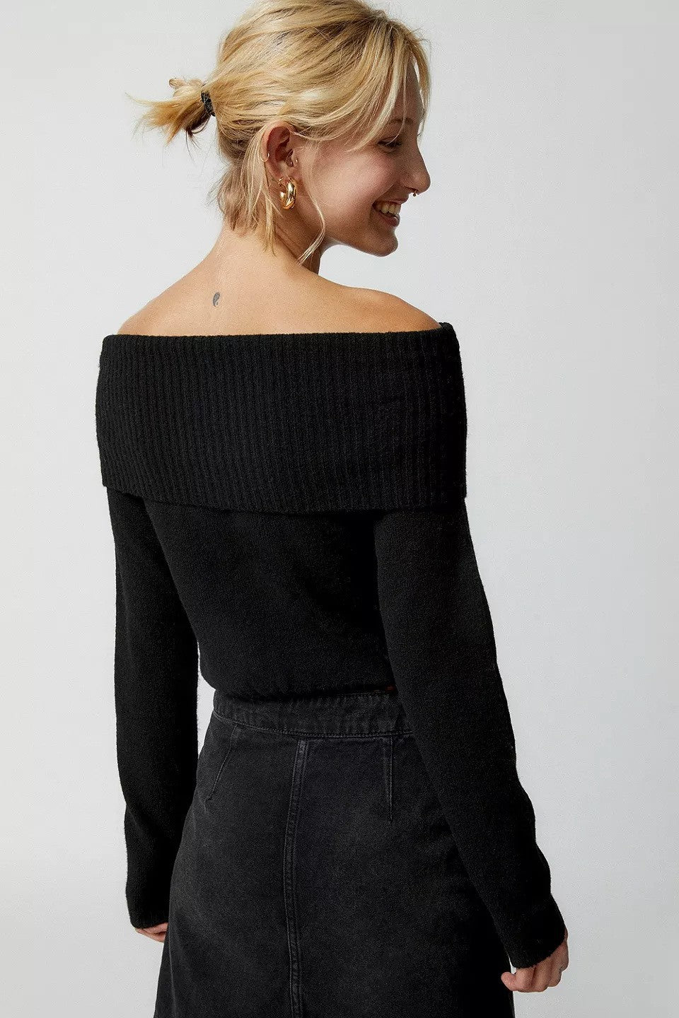 Top Solid Color One Word Collar Flip Collar Off Shoulder Long Sleeve Hoodie Women's Woolen Clothes