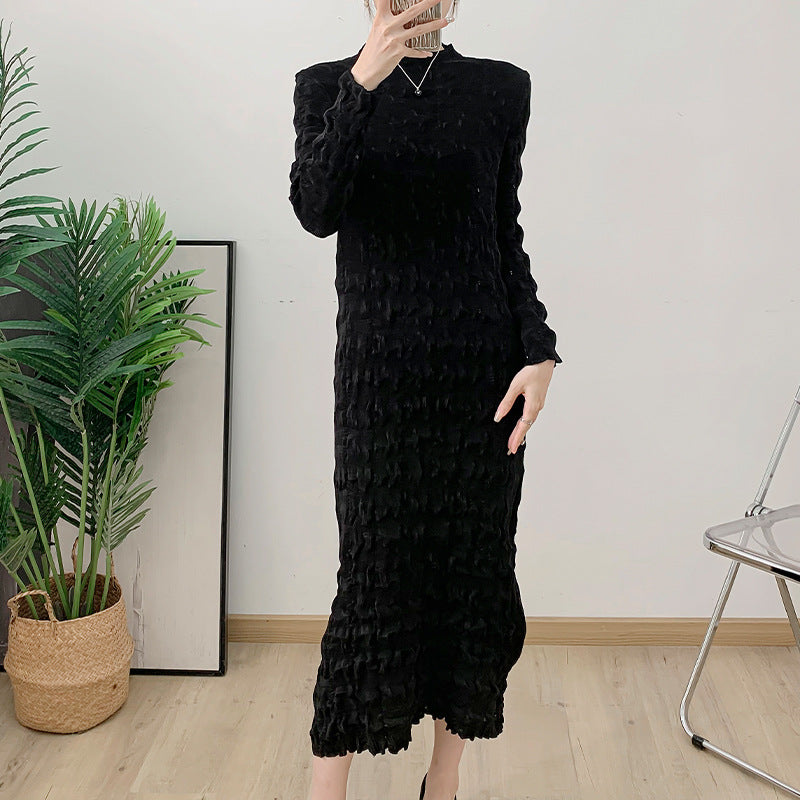 Heavy industry pleated mid length dress for autumn, new collection with waist cinched and large swing lantern sleeves, formal dress for women