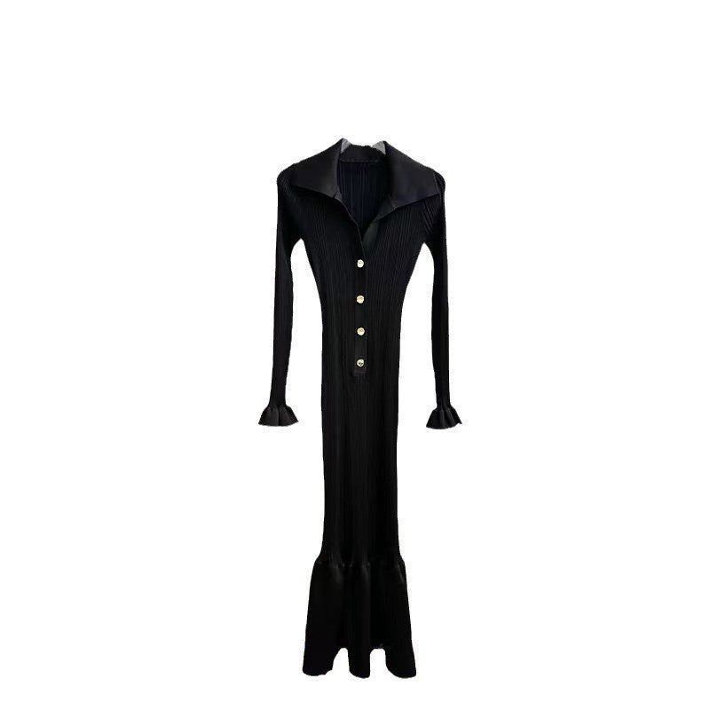 Elegant and fashionable black slim-fitting knitted fishtail long dress