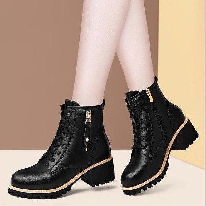 Mid length boots PU leather shoes casual six hole British style Martin boots women's black single lining