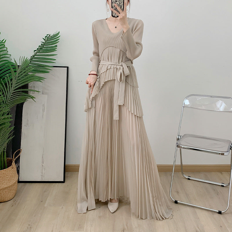 Sun pleated dress long sleeved handmade pleated solid color long skirt Dubai lace up skirt