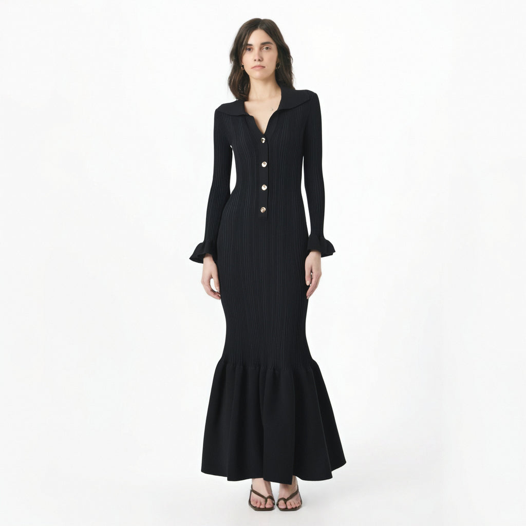 Elegant and fashionable black slim-fitting knitted fishtail long dress