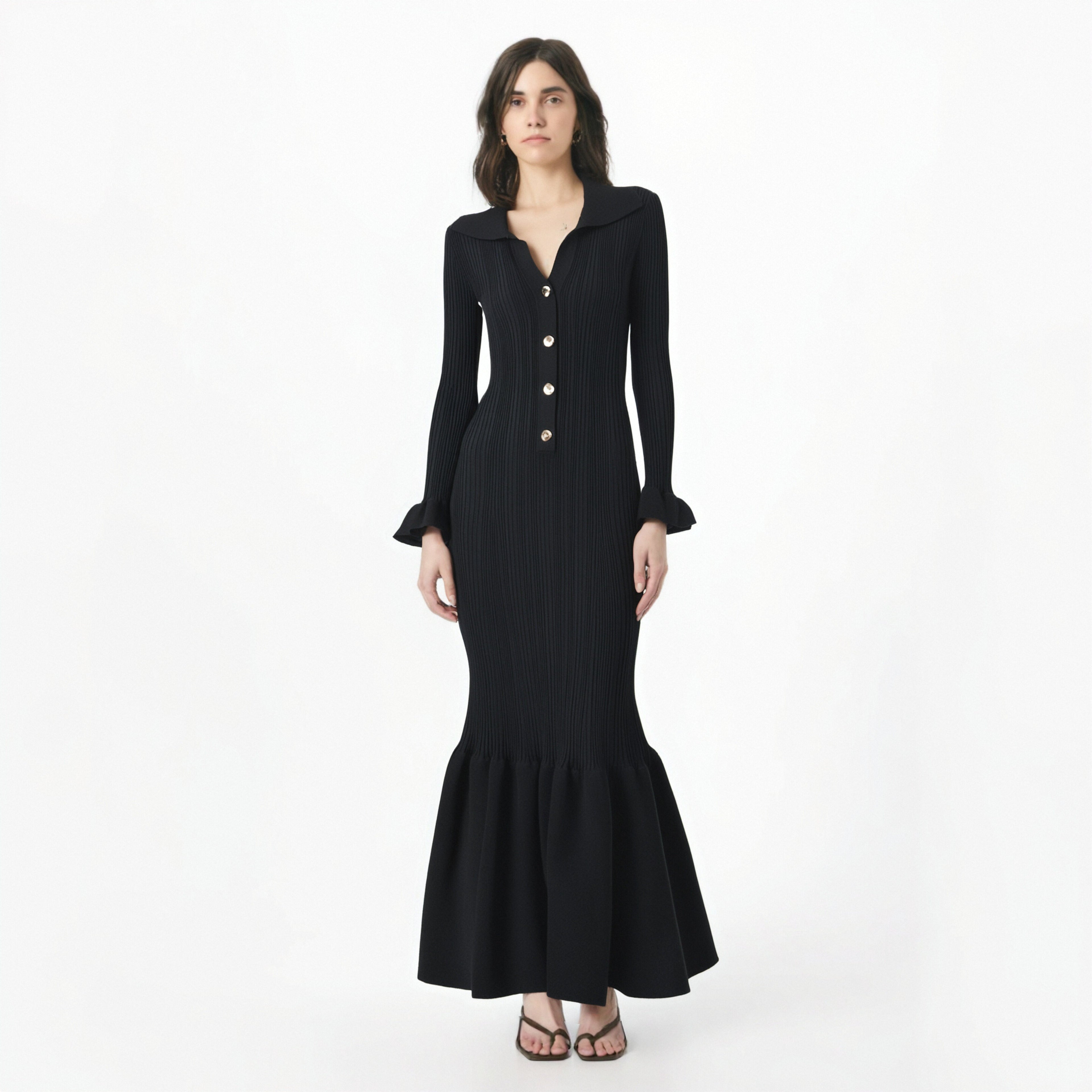 Elegant and fashionable black slim-fitting knitted fishtail long dress