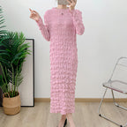 Heavy industry pleated mid length dress for autumn, new collection with waist cinched and large swing lantern sleeves, formal dress for women