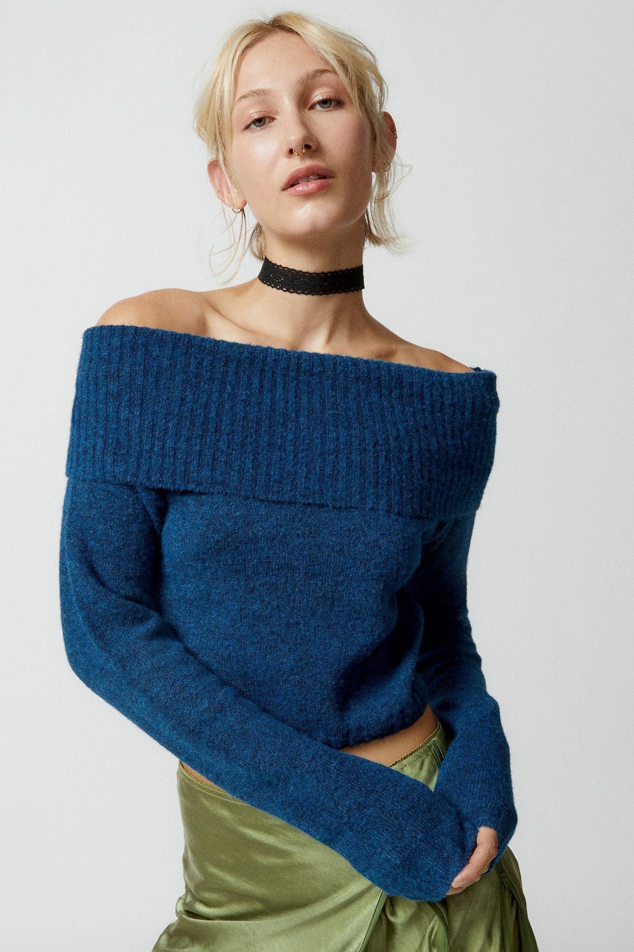 Top Solid Color One Word Collar Flip Collar Off Shoulder Long Sleeve Hoodie Women's Woolen Clothes