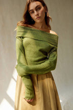 Top Solid Color One Word Collar Flip Collar Off Shoulder Long Sleeve Hoodie Women's Woolen Clothes