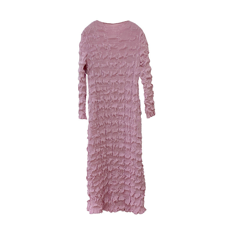 Heavy industry pleated mid length dress for autumn, new collection with waist cinched and large swing lantern sleeves, formal dress for women