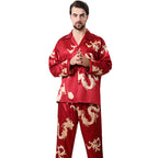 Simulated silk couple sleepwear new long sleeved set men's and women's V-neck silk printed dragon and phoenix home clothes