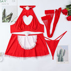 Christmas Red Maid Costume Halter Heart Hollow Out Sexy 4-Piece Set for Women
