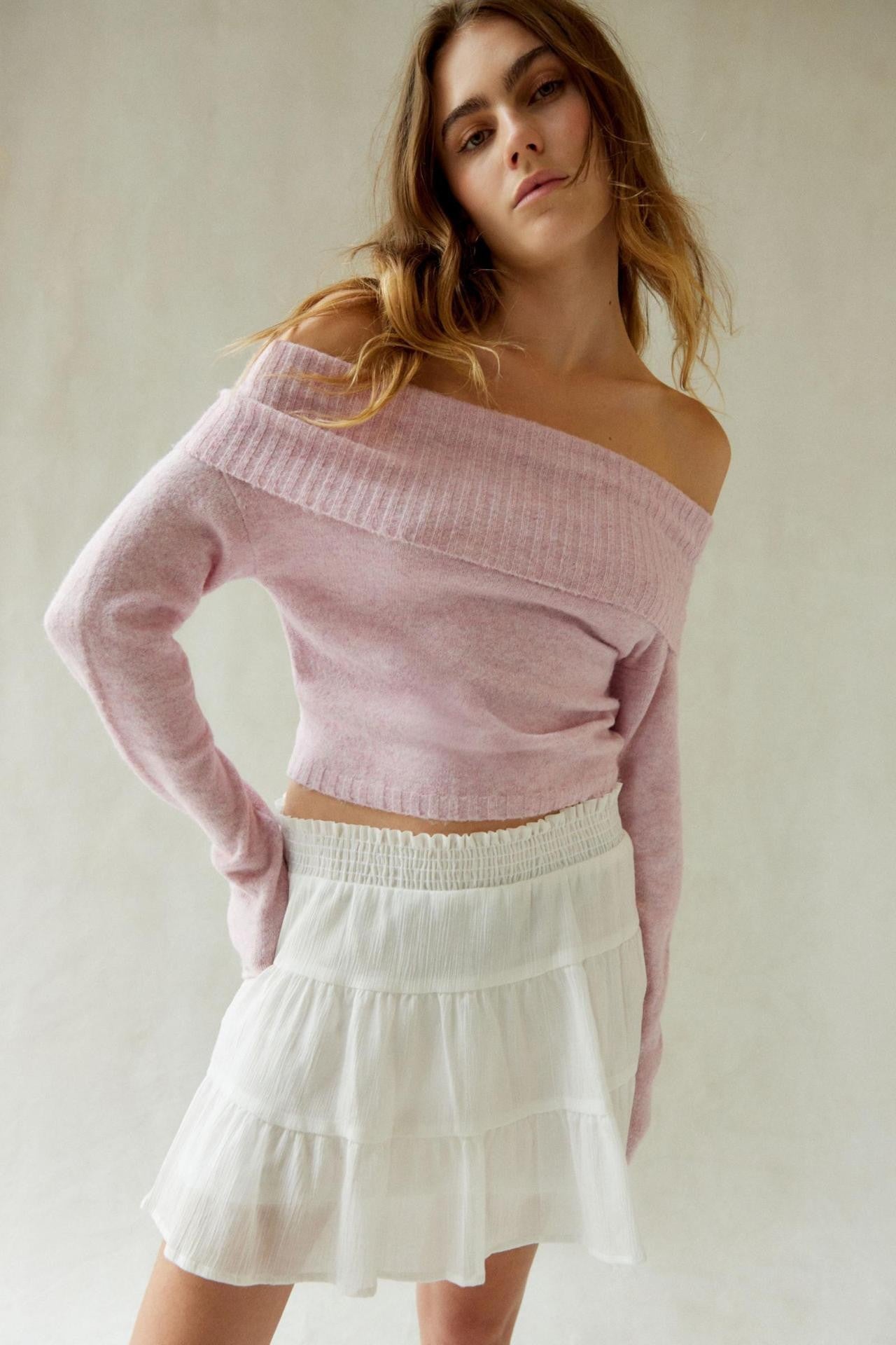 Top Solid Color One Word Collar Flip Collar Off Shoulder Long Sleeve Hoodie Women's Woolen Clothes