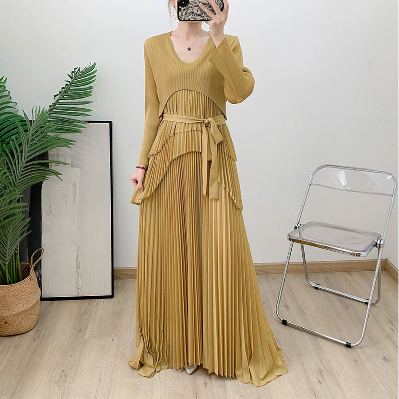 Sun pleated dress long sleeved handmade pleated solid color long skirt Dubai lace up skirt