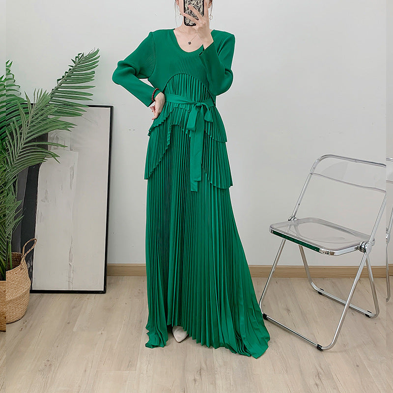 Sun pleated dress long sleeved handmade pleated solid color long skirt Dubai lace up skirt