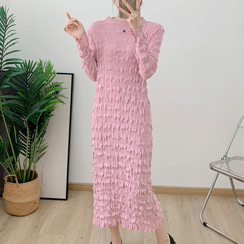 Heavy industry pleated mid length dress for autumn, new collection with waist cinched and large swing lantern sleeves, formal dress for women